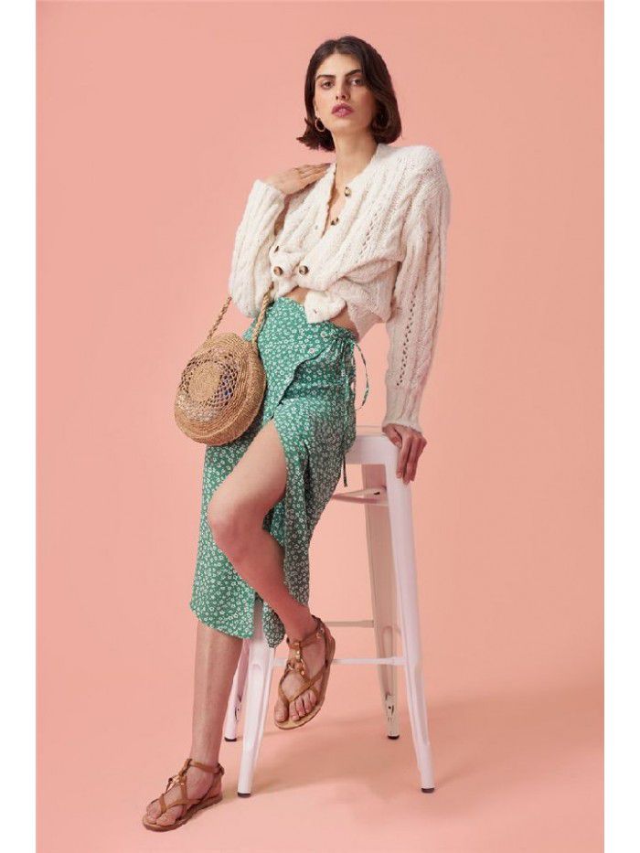 Summer New French Wrap Skirt Vintage Wind Wave Dot Printed Skirt Side Split Button Mid length Half Skirt 