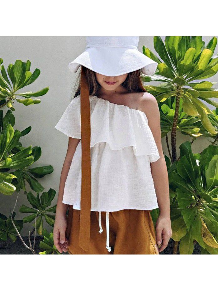 Girls' cotton and linen top girls' diagonal shoulder double-layer ruffle design sense summer children's clothing princess style sleeveless T-shirt 