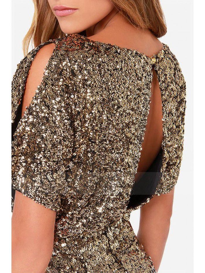 Golden sequin slimming and slimming, revealing shoulder bag and buttocks dress, sexy nightclub split back dress, short skirt for women 