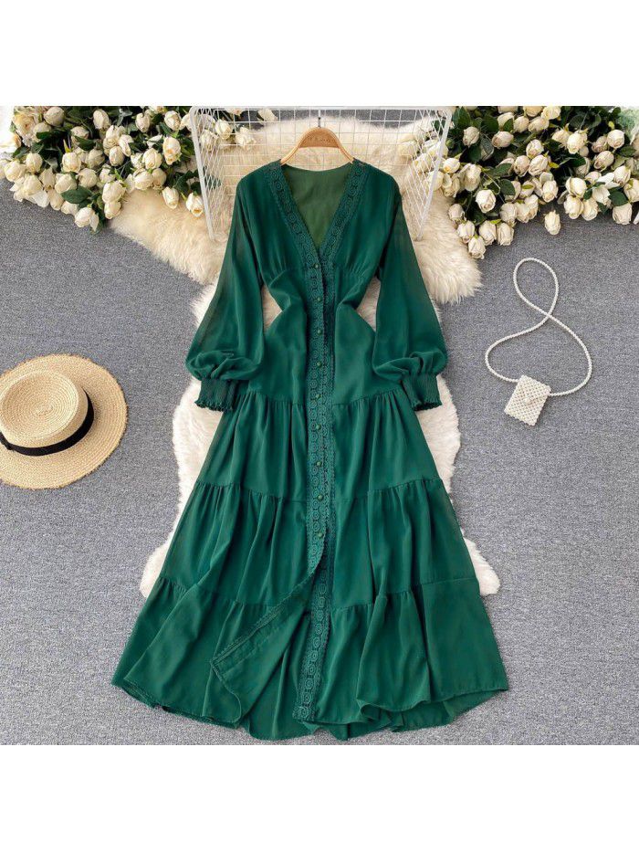 French style retro court lace V-neck high-grade dress with thin waist and single breasted large skirt 