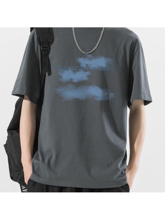 New pure cotton short sleeved T-shirt for men's creative trendy brand loose fitting men's half sleeved round neck T-shirt for men's clothing 
