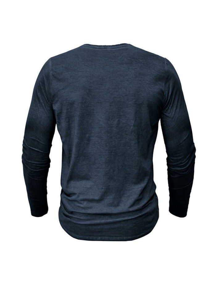 Men's imitation old Henry shirt retro long sleeved T-shirt cross-border men's button washed old V-neck T-shirt top 