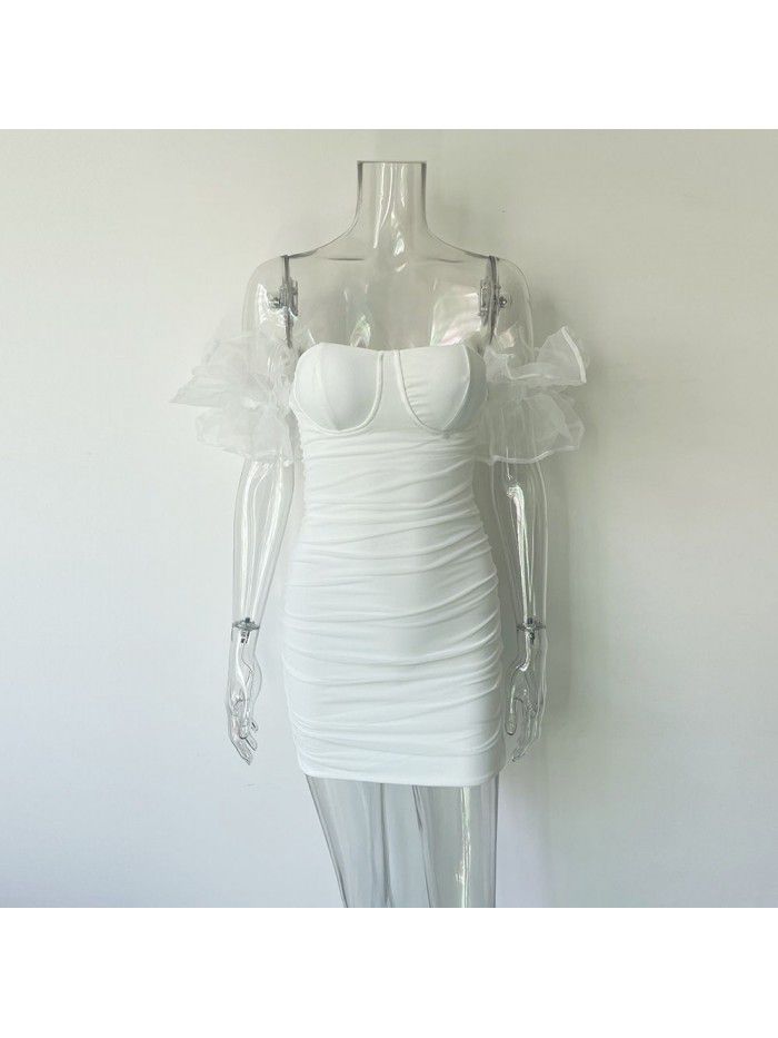 Mesh low cut bra wrap buttocks skirt Spicy girl style open back slim fitting elastic tight short skirt 