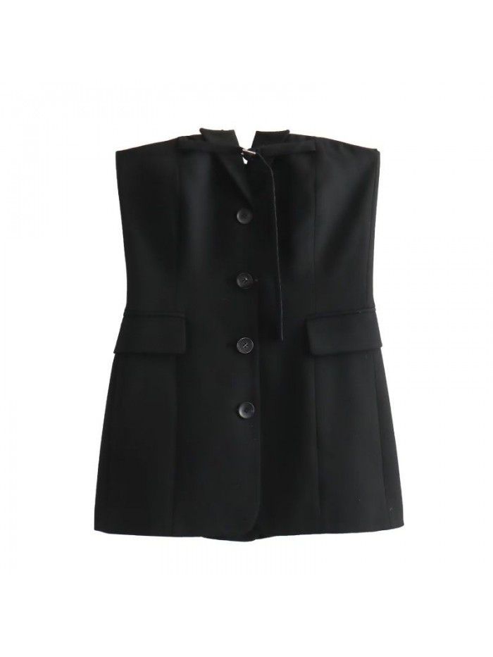 Autumn New Women's Versatile Solid Color One Line Neck Lace up Button Decoration Tight Chest Style Top 