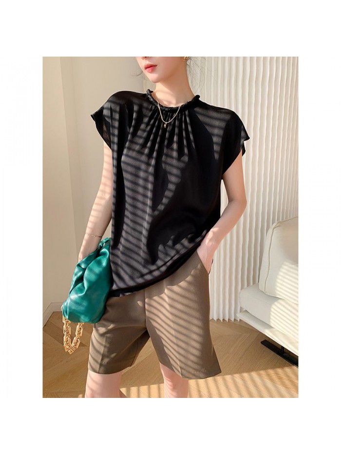 Summer short-sleeved shirt French fashion western-style satin short-sleeved retro court style female T-shirt top summer 