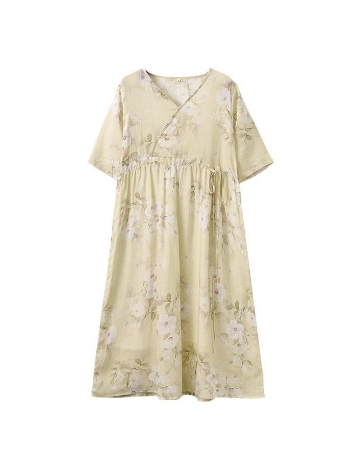 Cotton and linen women's clothing=new summer ramie printed dress for women with a slim V-neck and a retro Chinese long skirt 