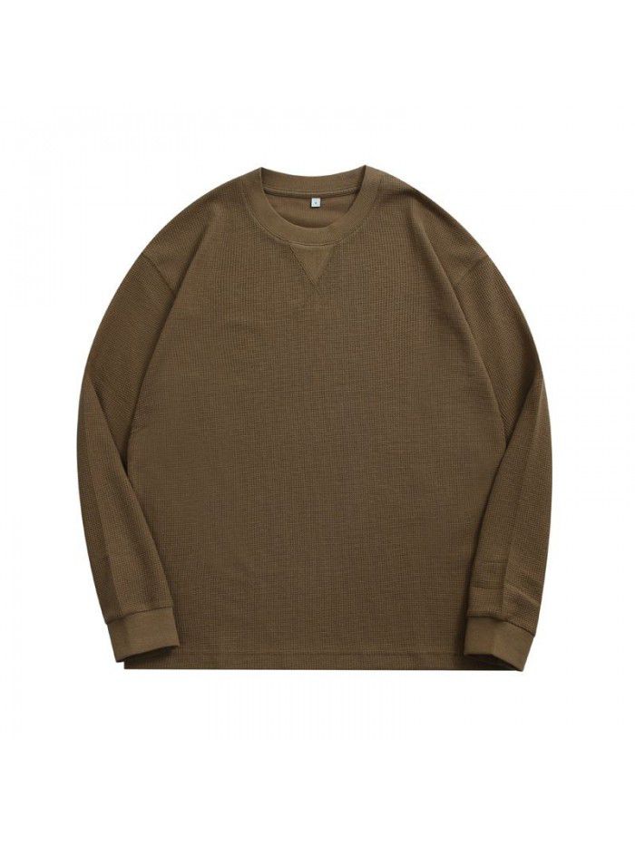 Waffle Long Sleeve T-shirt Men's Heavyweight Round Neck Loose Base Solid T-shirt 