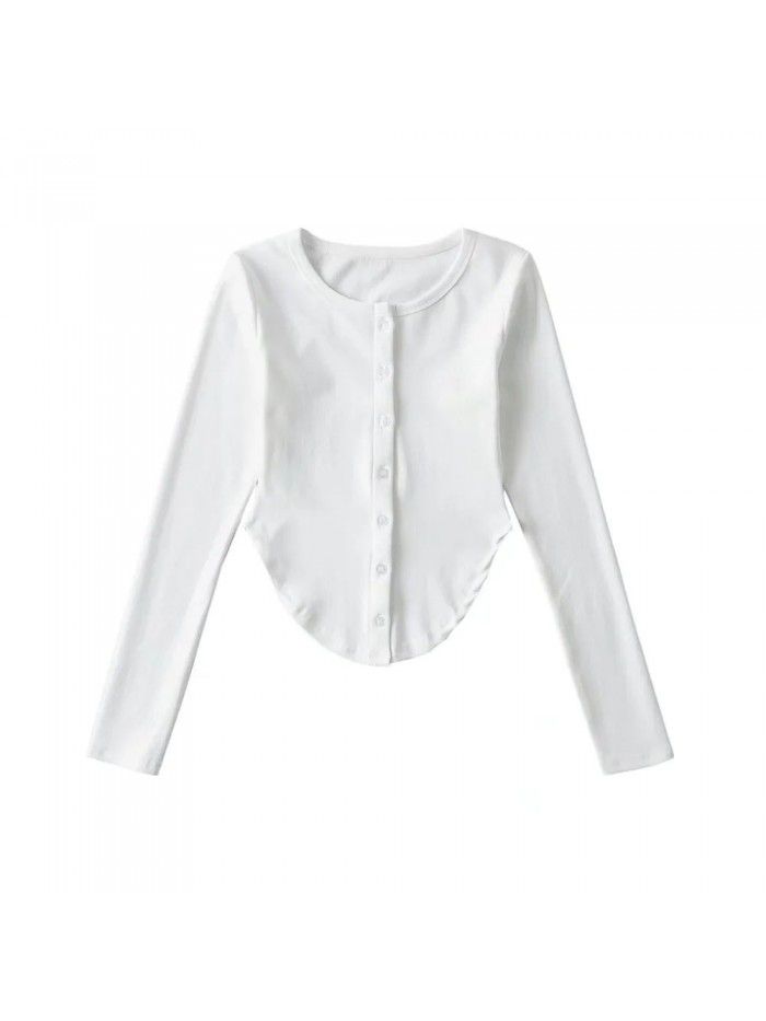 Irregular U-shaped hem long sleeved T-shirt for women with pure lust design, slim fit and slimming bottom top 