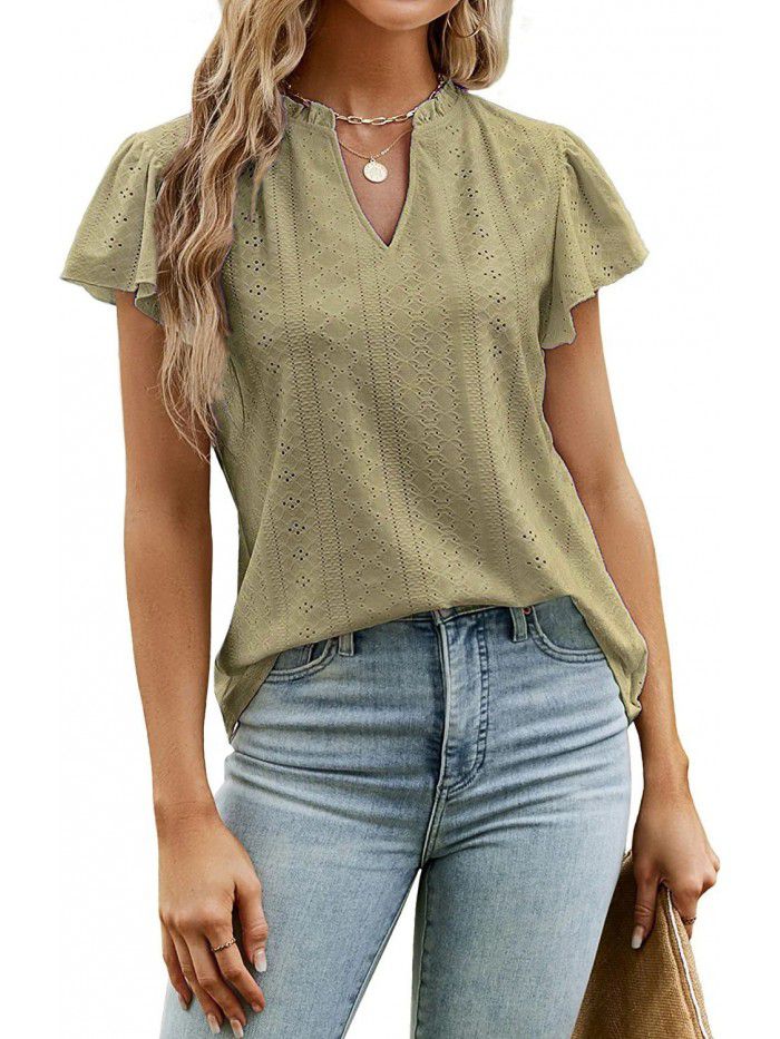 Spring/Summer Loose Solid V-Neck Ruffle Sleeve Jacquard T-shirt Women's Top 