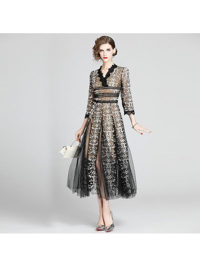 Early Autumn Women's Elegant and Elegant Style, Celebrity Shows Slim V-neck, 9/4 Sleeve Large Swing Long Dress Dress Dress 