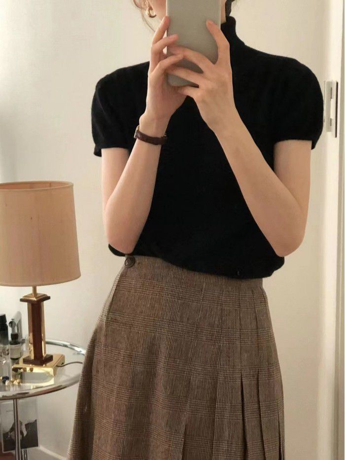 Autumn and winter new wool plaid pleated casual skirt 