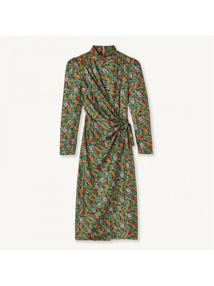 French S romantic daisy print autumn new women's dress design sense waist style dress 