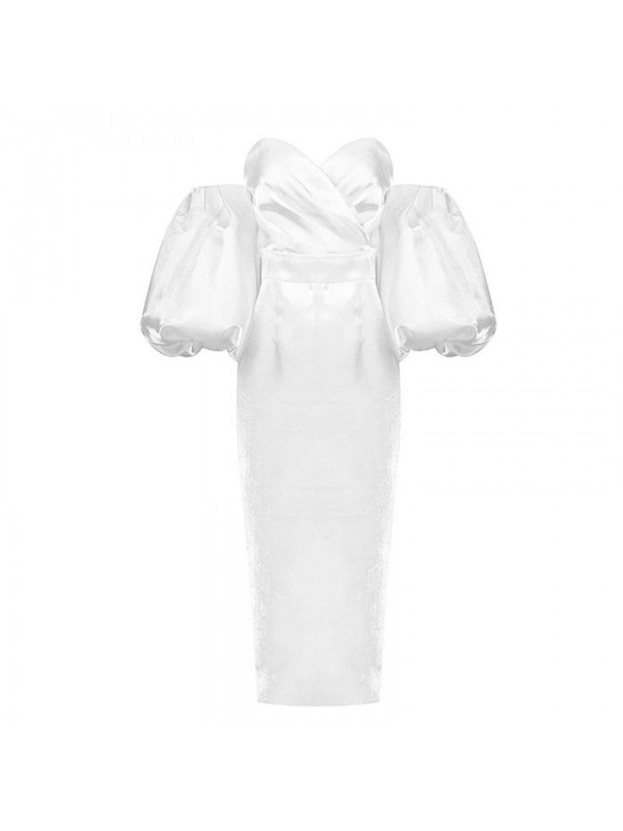 Autumn Women's Solid Color Wrapped Chest High Waist Lantern Sleeve Mid length Dress Dress  Autumn Women's Solid Color Wrapped Chest High Waist Lantern Sleeve Mid length Dress Dress