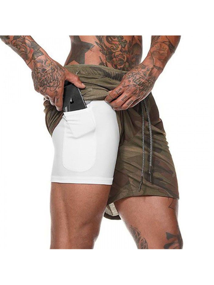 Men's double layer shorts, solid mesh sports and fitness training pants, five point casual pants, men's pants 