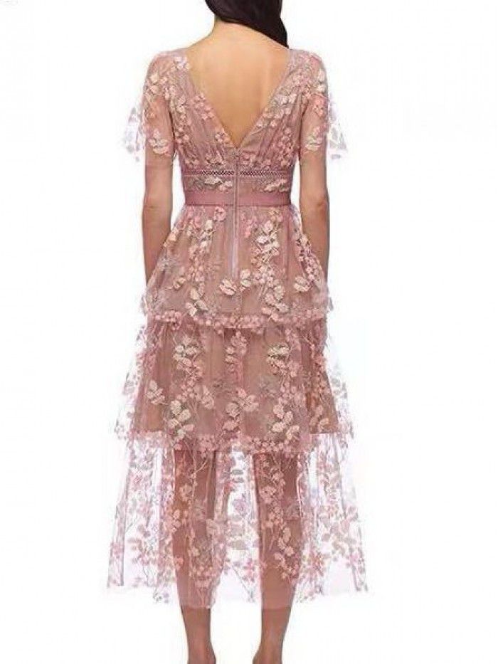Pink Flower Sequins Beaded High Waist V-Neck Elegant Long Dress Holiday Party Heavy Work Embroidery Dress 