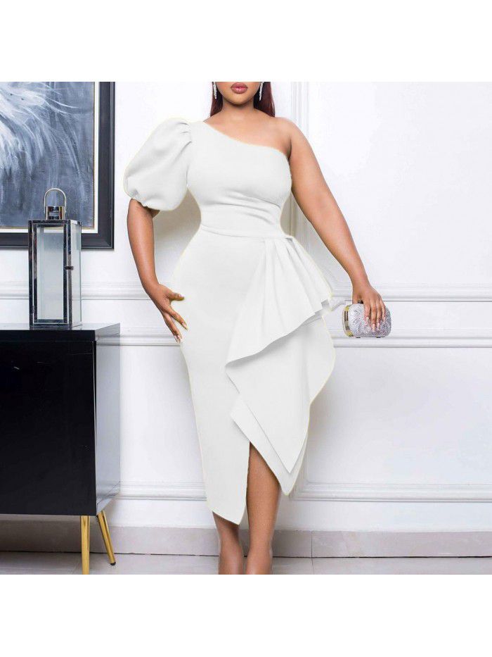 Oblique Neck Split Ruffle Edge Dress Sexy Dress