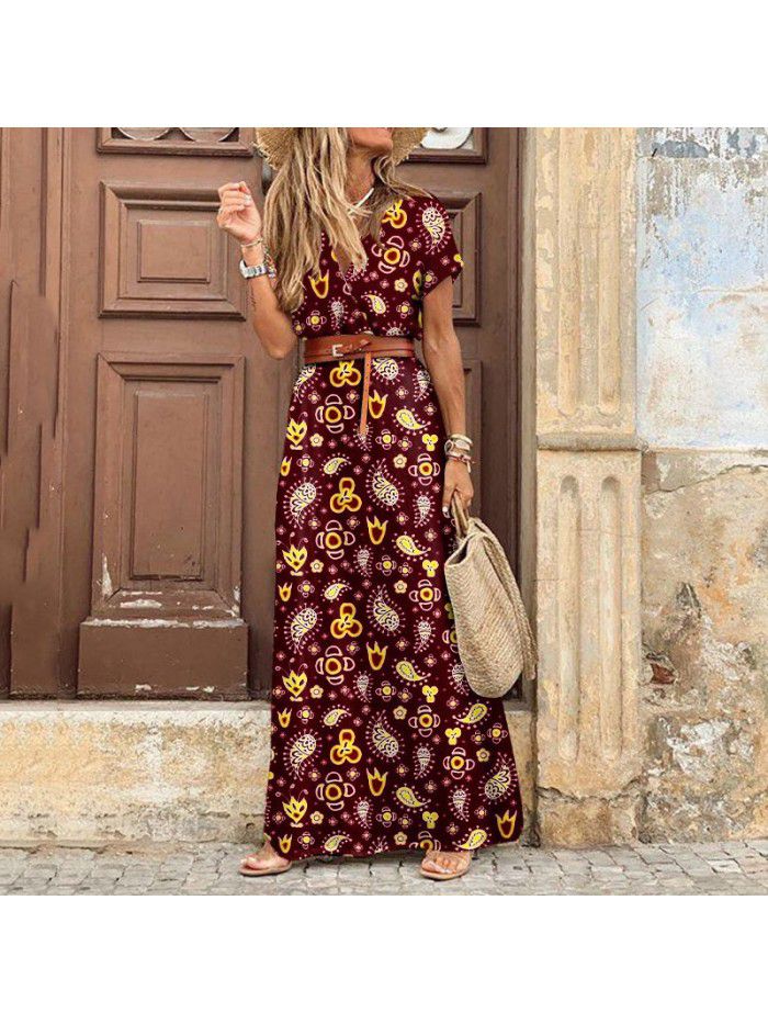 Bohemian style waistband printed long dress dress  Bohemian style waistband printed long dress dress