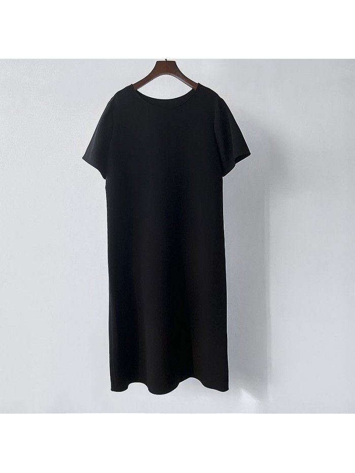 Women's Acetic Acid Short Sleeve Loose fitting Dress Mid length Simple Round Neck Long Dress 