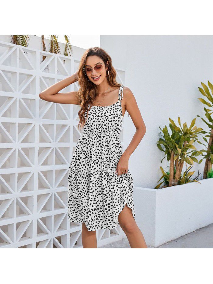 Strap printed dress with leopard print polka dot skirt for children 