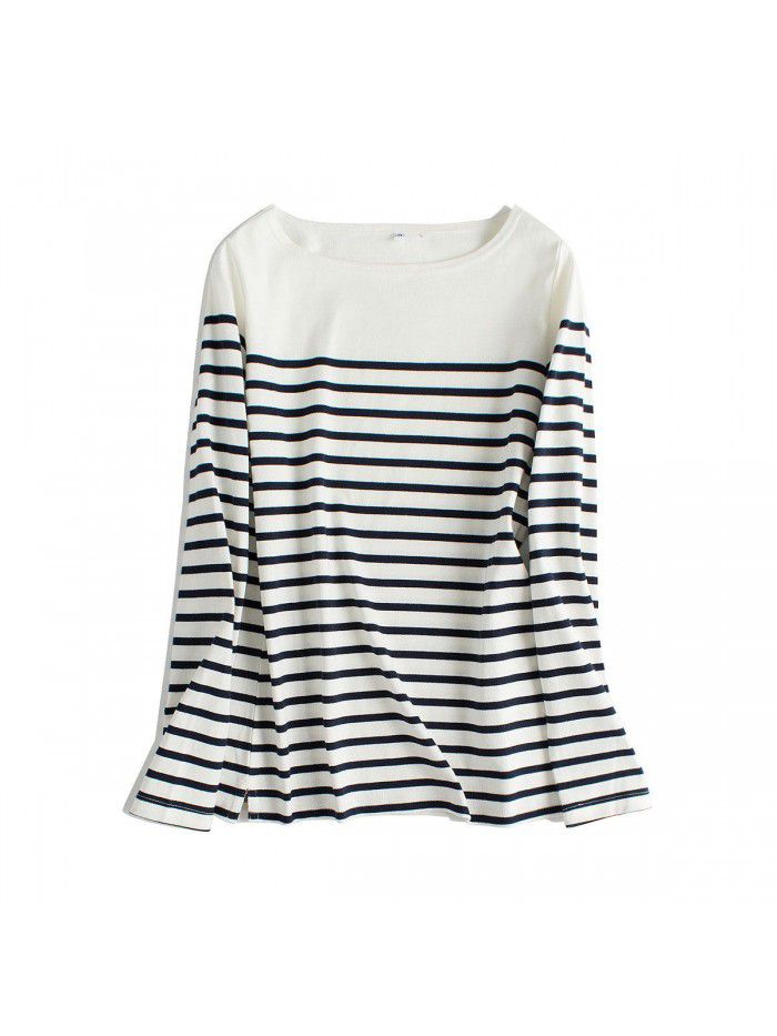 New coarse cotton striped T-shirt for women with long sleeved tops and autumn bottoms for women with loose spring and autumn bottoms for women 