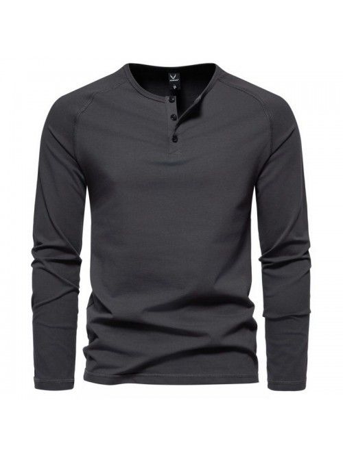 Autumn New Men's Henry Neck Long Sleeve T-shirt La...