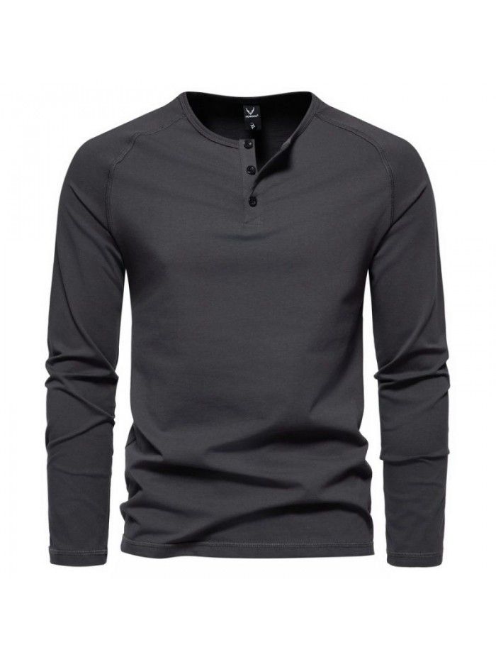 Autumn New Men's Henry Neck Long Sleeve T-shirt Large Casual Solid Underlay Shirt for Men 