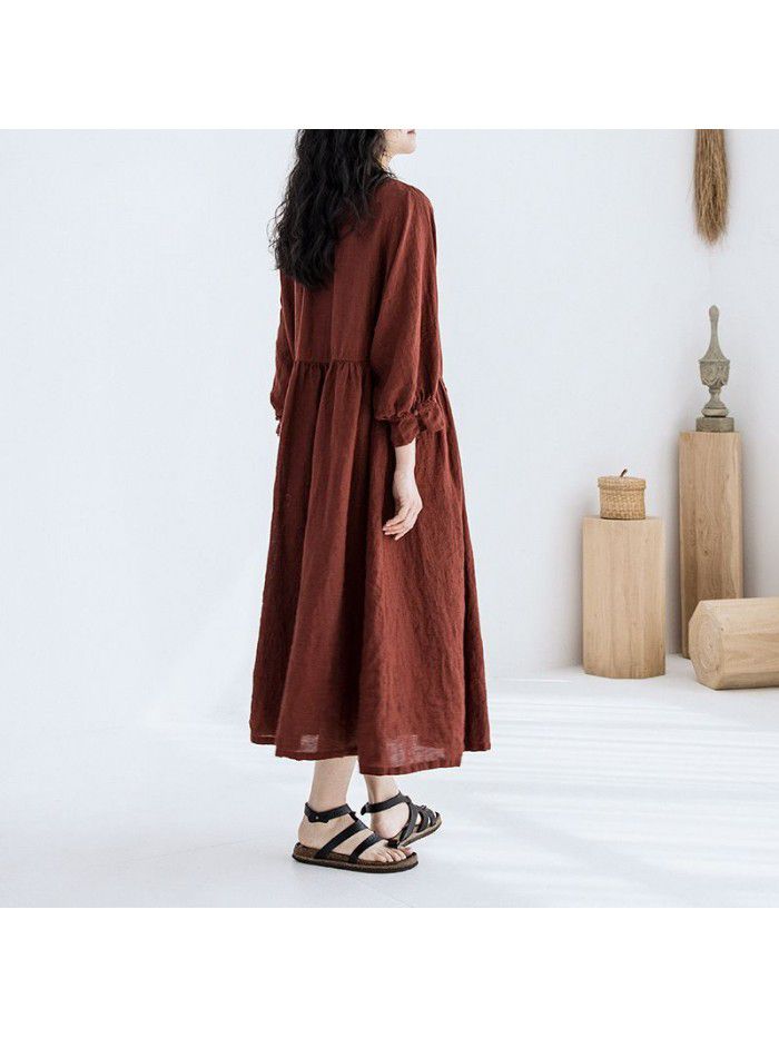 Spring New Women's Yarn-dyed Linen Show White Age Reducing Sleeve Doll Dress 