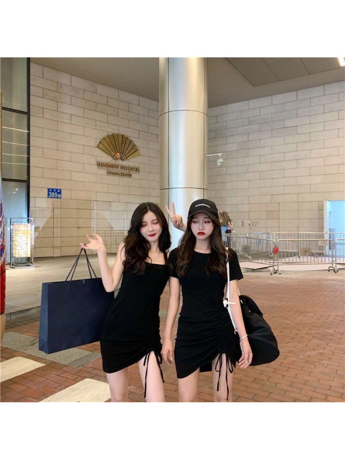 New Short Sleeve Temperament Girlfriend Dress Women's Summer Sexy Strap Drawstring Slim Wrap Hip Skirt 