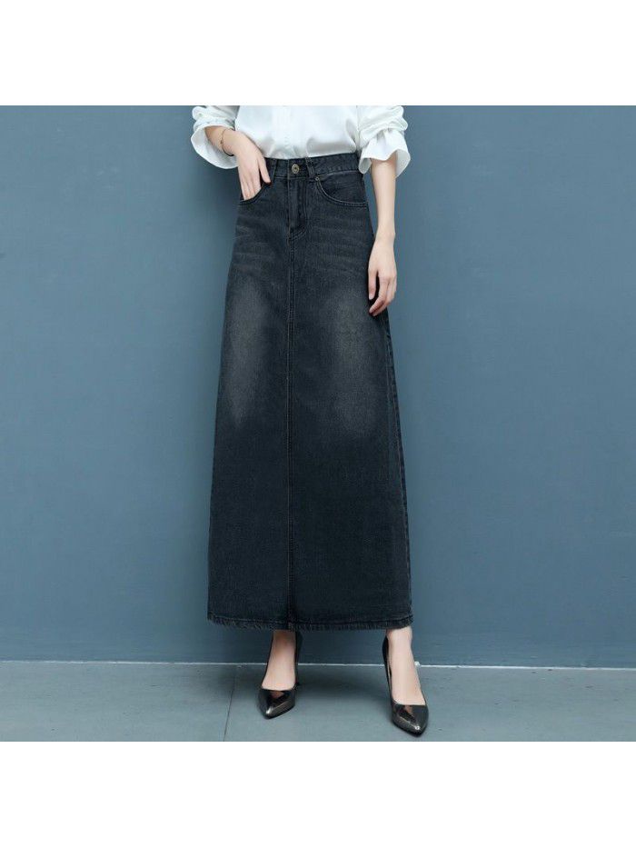 Spring and Autumn New Half length Skirt Mid length High Waist Long Dress Korean Elastic Large Size Floor Dragging A-line Denim Skirt Women 