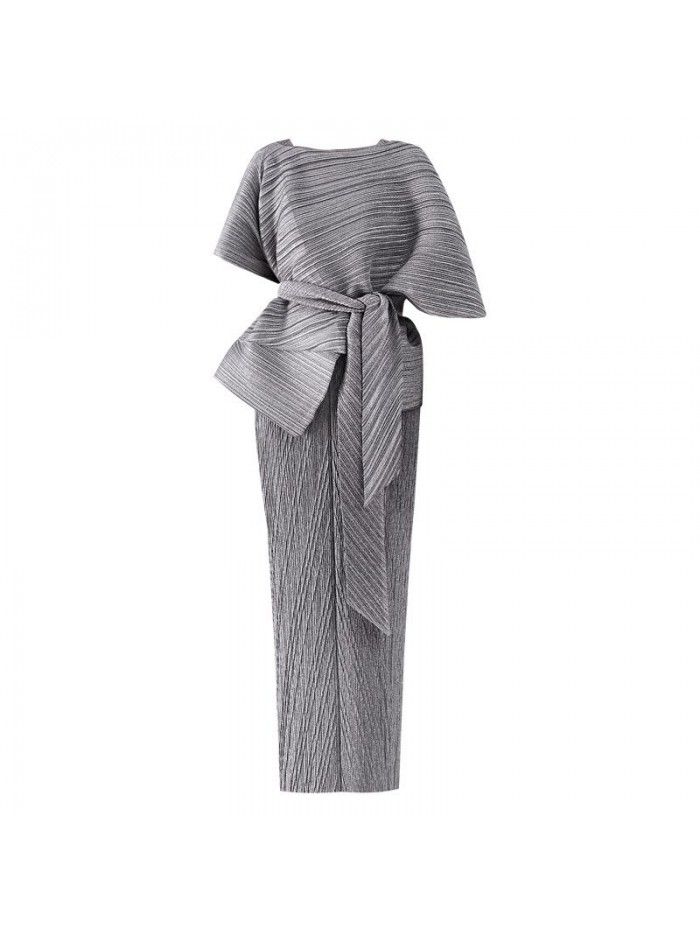Summer New Two Piece Set Temperament Women's Slim Fit Long Party Fashion Pleated Dress 