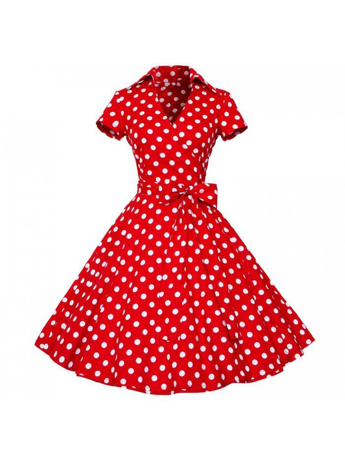 Retro large swing skirt, medium length skirt, women's Hepburn style French polka dot dress 