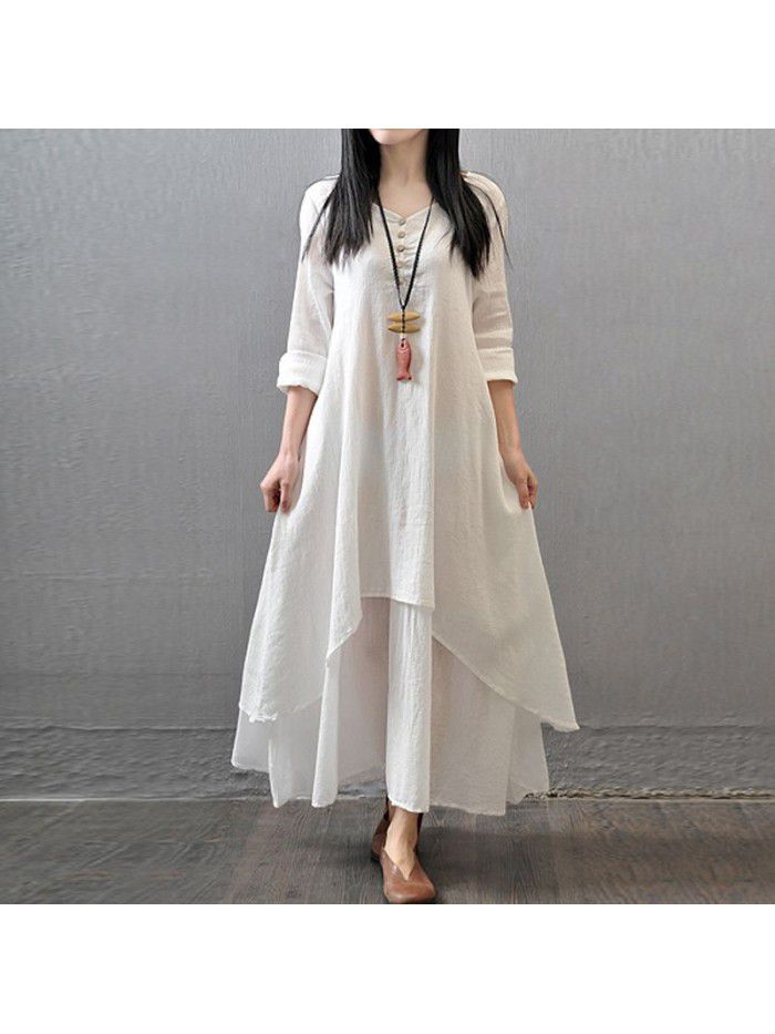Spring and autumn holiday two-piece long skirt, artistic large linen dress, loose long-sleeved cotton and linen skirt 