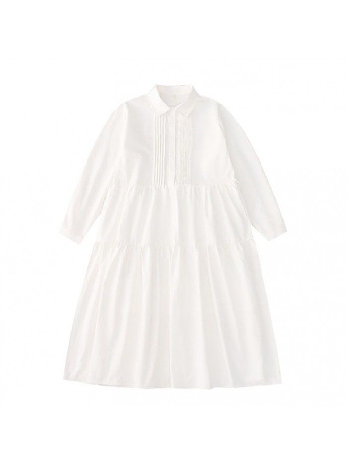 Japanese gentle temperament lapel organ pleated white loose mid length shirt skirt dress 