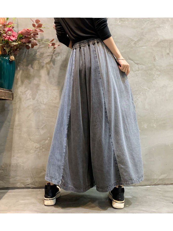 Denim Wide Leg Pants Spring New Fashion Personalized Color Matching Old Size Skirt Pants Cropped Pants Women 