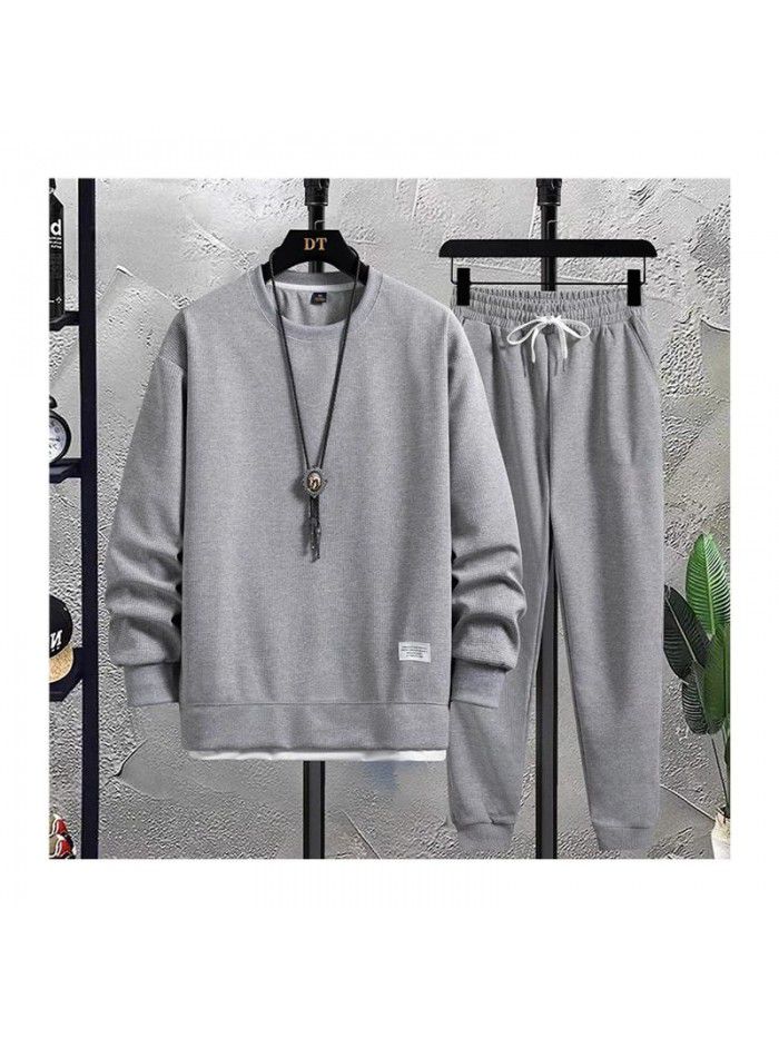 New Men's Leisure Sports Set Men's Fashion Brand Men's Sweater T-shirt Handsome Waffle Autumn Men's Wear 