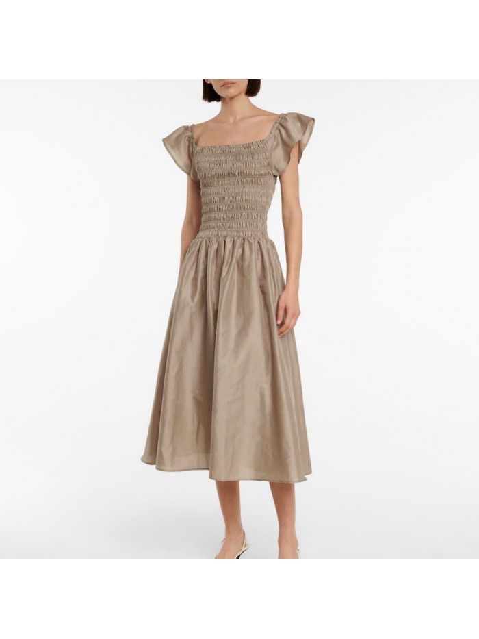 One line neckline dress dress with tie up waist and slim A-line dress for women 