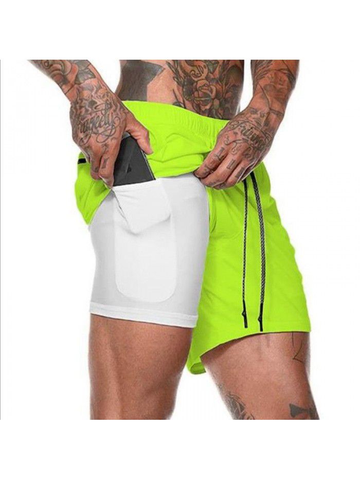 Men's double layer shorts, solid mesh sports and fitness training pants, five point casual pants, men's pants 