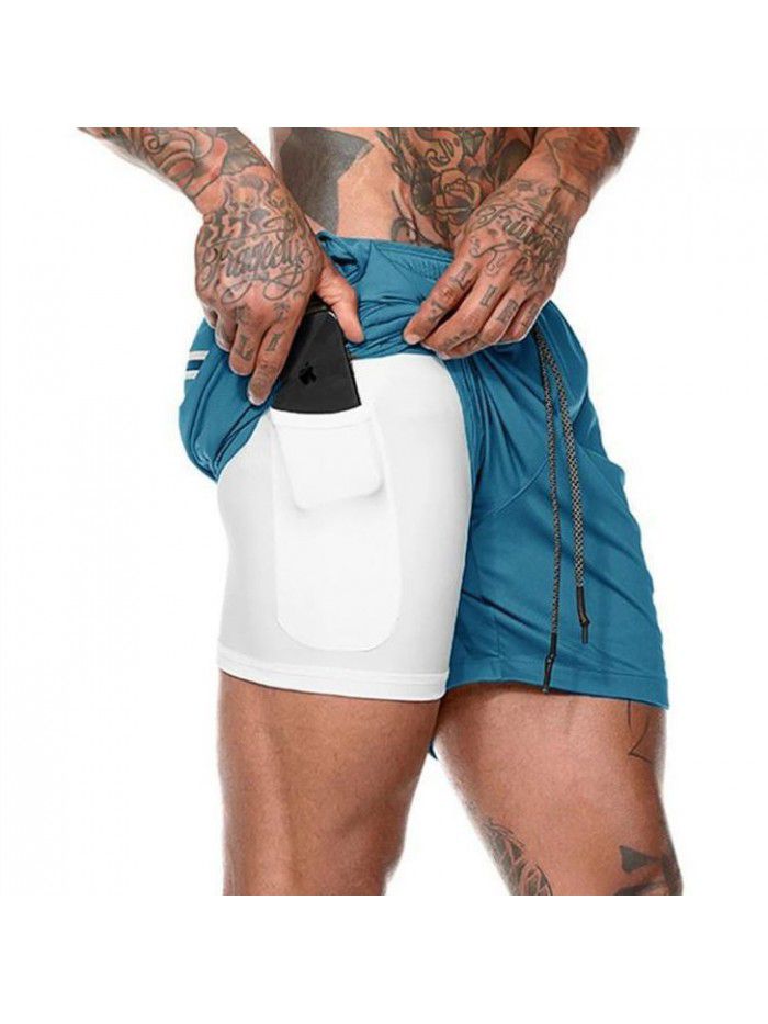Men's double layer shorts, solid mesh sports and fitness training pants, five point casual pants, men's pants 