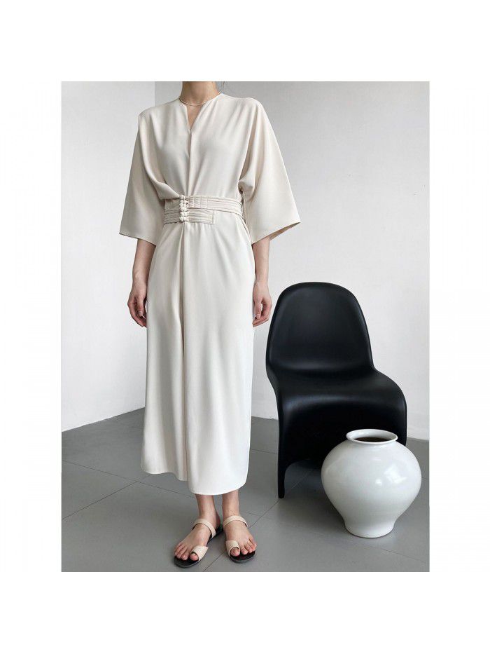 Elegant and high-end buckle waist tied straight tube dress with a new Chinese style Chinese style improved long skirt 