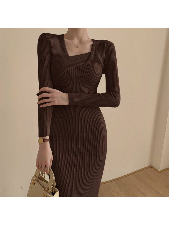 Autumn and Winter Cored Yarn Knitted Long Sleeve Dress V-neck Slim Fit Black Mid length Split Wrap Hip Skirt 
