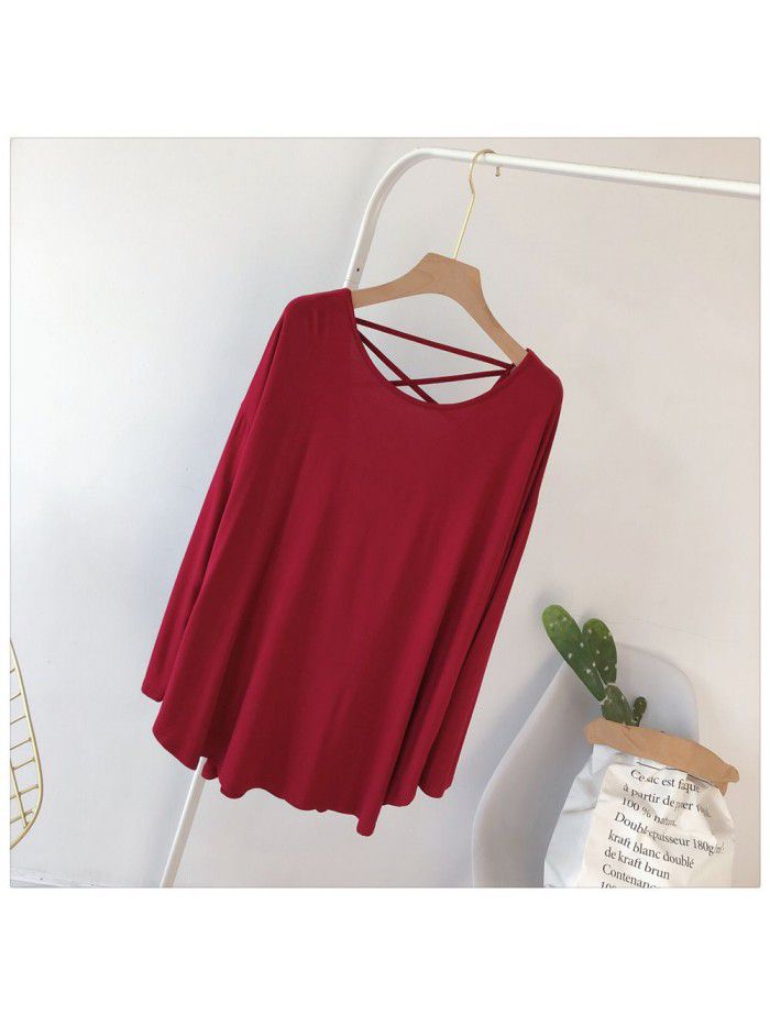 Sexy backless long sleeved T-shirt for women, loose fitting large size Korean autumn outfit, solid color drape, lazy dance dress 