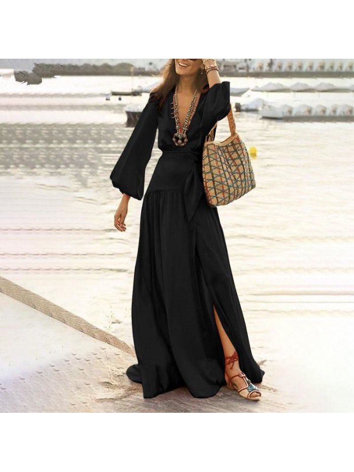New Women's Bohemian Style Flare Sleeves Split Swing Dress 