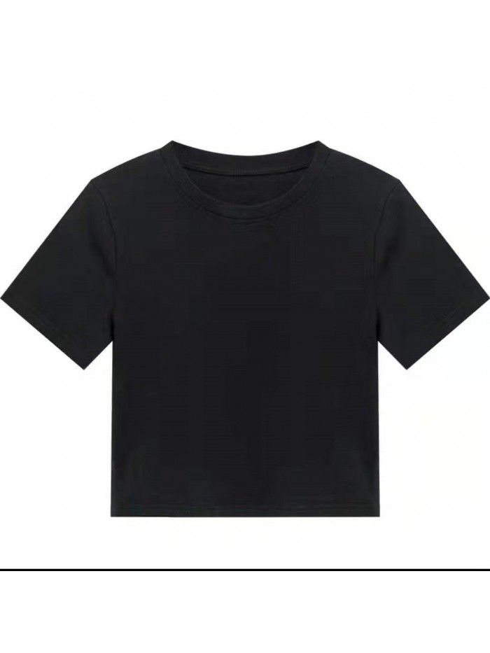 T-shirt Women's Short Cotton High Waist Summer Loose Simple Round Neck Korean Versatile Solid Color T-shirt 