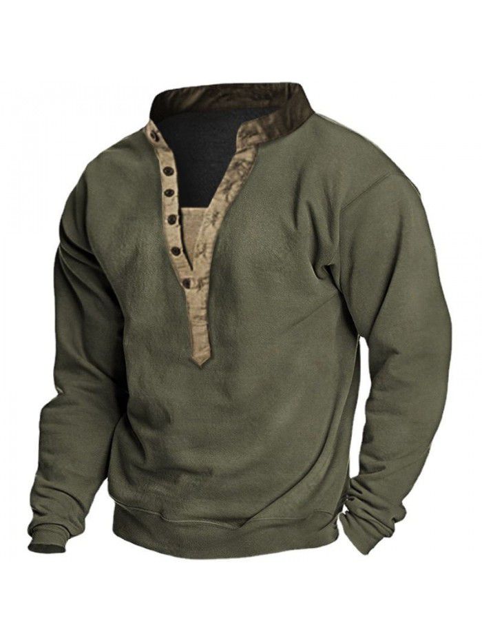 Spring T-shirt Men's Outdoor Vintage Khaki Long Sleeve Henley Neck Sweatshirt 