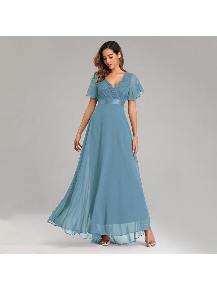 Spring/Summer Handmade Folded Big Swing Double V-neck Flare Sleeve Dress Elastic Chiffon Banquet Bridesmaid Large Evening Dress 