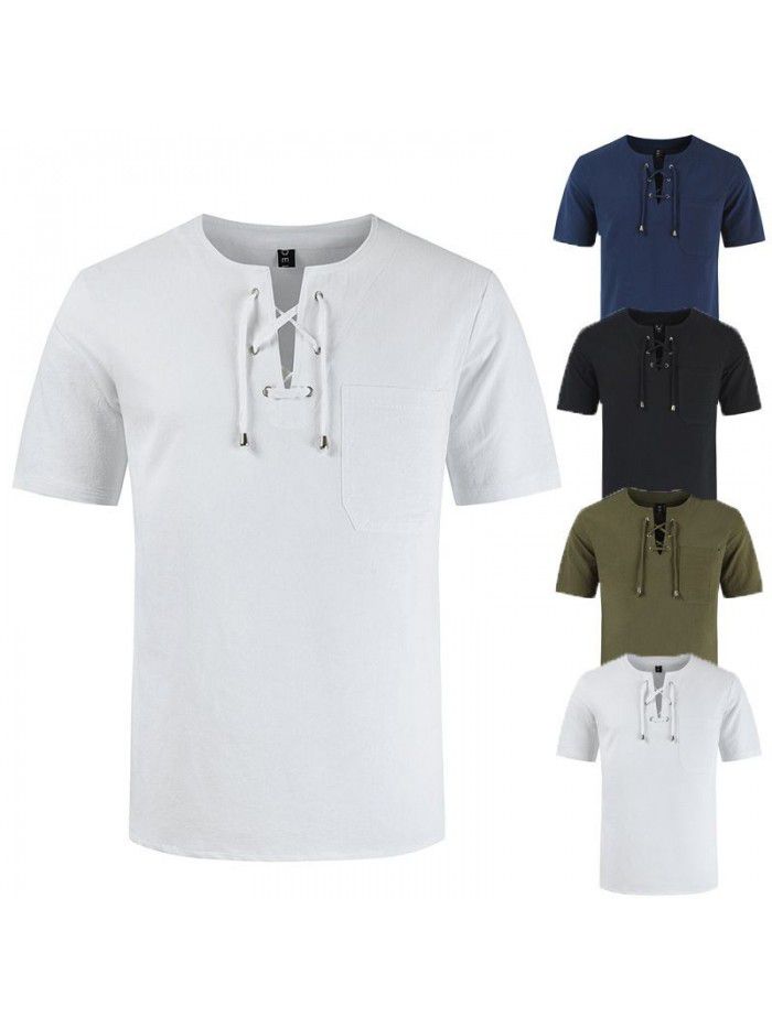 Summer New Street Men's Short Sleeve T-shirt Cotton Hemp Lacing Casual Fashion T-shirt 