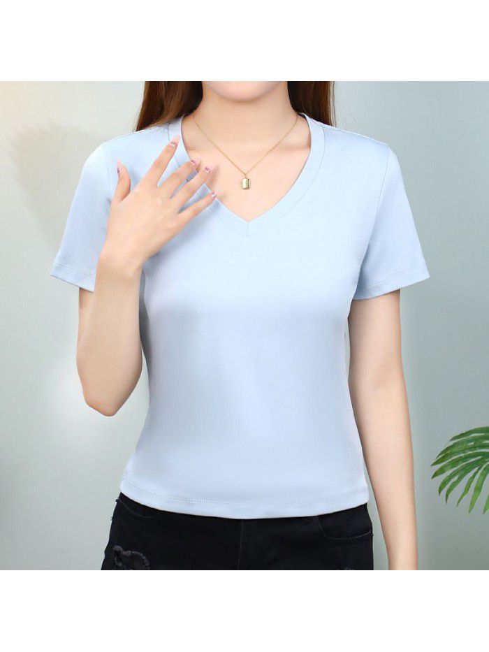 T-shirt Women's Short Cotton High Waist Summer Loose Simple Round Neck Korean Versatile Solid Color T-shirt 