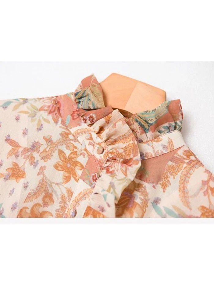 Spring/Summer New Wooden Ear Collar Print Mid length Holiday Style Belt Dress 