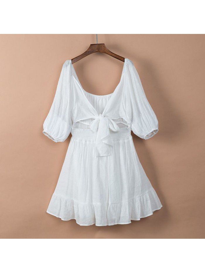 Dress Women's New Summer Off Shoulder Solid Color Lacing Ruffle Sleeves Casual Dress Women