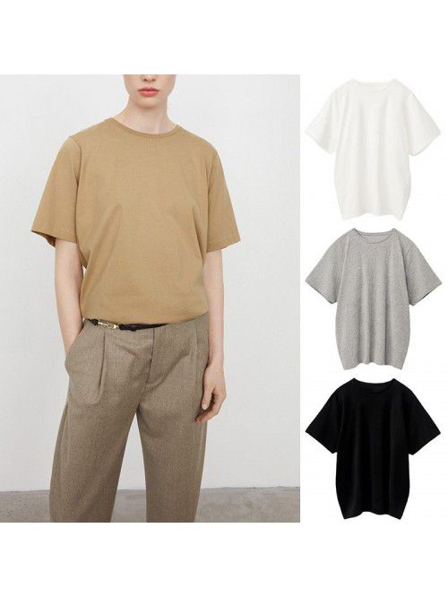 Spring/Summer Loose Solid T-shirt Round Neck Casua...